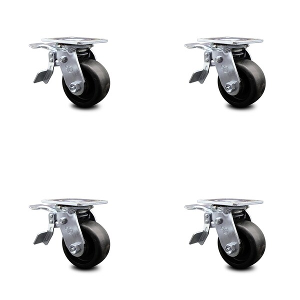 4 Inch Glass Filled Nylon Caster Set with Ball Bearings and Total Lock Brakes